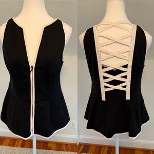 Nanette Lepore Black and White Peplum Cotton Blouse with Low Lace Up Back Size 6
